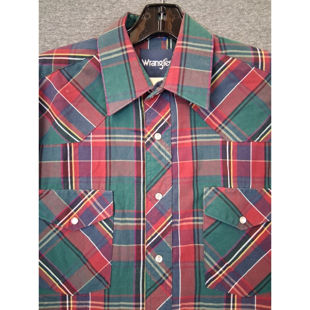 Wrangler Mens Shirt M Green Red Plaid Pearl Snap Western Holiday Cabin Cowboy